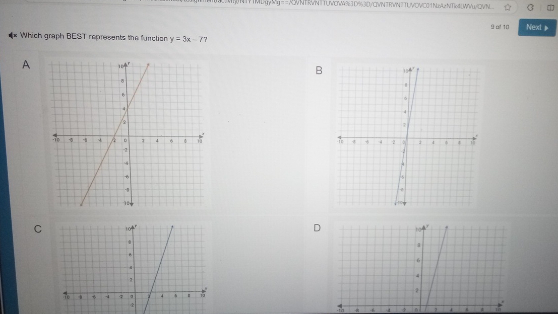 VTMDgyMg==/QVNTRVNTTUVOVA%3D%3D/QVNTRVNTTUVOVC01NzAzNTk4LWVu/QVN... 
9 of 10 Next ▶ 
Which graph BEST represents the function y=3x-7 ? 
A 
B 

C
-10 -R -6 -a n 2 4 6 10