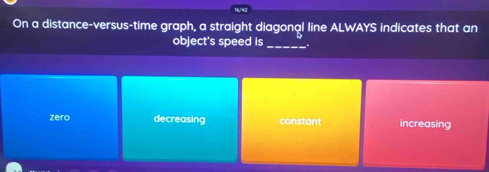 16/42
On a distance-versus-time graph, a straight diagonal line ALWAYS indicates that an
_
object's speed is .
zero decreasing constant increasing