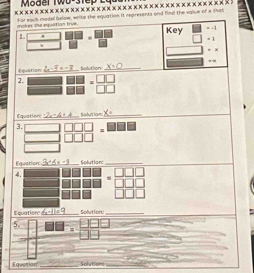 Moder Two-step Le
xxxxxxxxxxxxxxxxxxxxxxxxxxxxxxxxxxxxxxxxx)
For each model below, write the equation it represents and find the value of x that
makes the equation true.
1. □ X □  □ /□  = □ □ /□  
Key □ =-1
□ X =1
□ =1
| =x
=-x
Equation: _Solution:_
2.
beginarrayr 7□ □  = □ □ /□ □  
Equation:_ Solution:_
3.
= □
Equation: _Solution:_
Equation: _Solution:_
5. overline SI
= □ □ □ /□ □  
Equation._ Solution:_