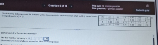 This quiz: 12 poim(s) possible 
uiz Question 8 of 12 This question: 1 point(s) possible 
Submit quiz 
Complete parts (a) to (c) The following data represent the dividend yiulds (in percent) of a random sample of 28 publicly traded st 
(a) Compute the five-number sommary. 
The five-number summary is 0, □ , □ , □ , □ , □
(Round to two decimal places as needed. Use ascending order.)