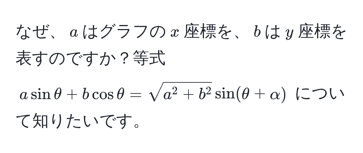 なぜ、$a$はグラフの$x$座標を、$b$は$y$座標を表すのですか？等式 $a sin θ + b cos θ = sqrta^(2 + b^2) sin(θ + alpha)$ について知りたいです。