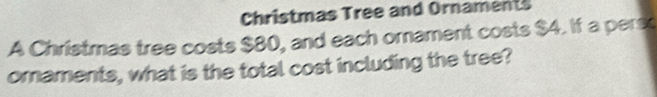 Christmas Tree and Ornaments 
A Christmas tree costs $80, and each ornament costs $4. If a perso 
omaments, what is the total cost including the tree?