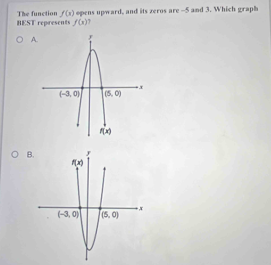 The function f(x) opens upward, and its zeros are -5 and 3. Which graph
BEST represents f(x) 2
A
B.