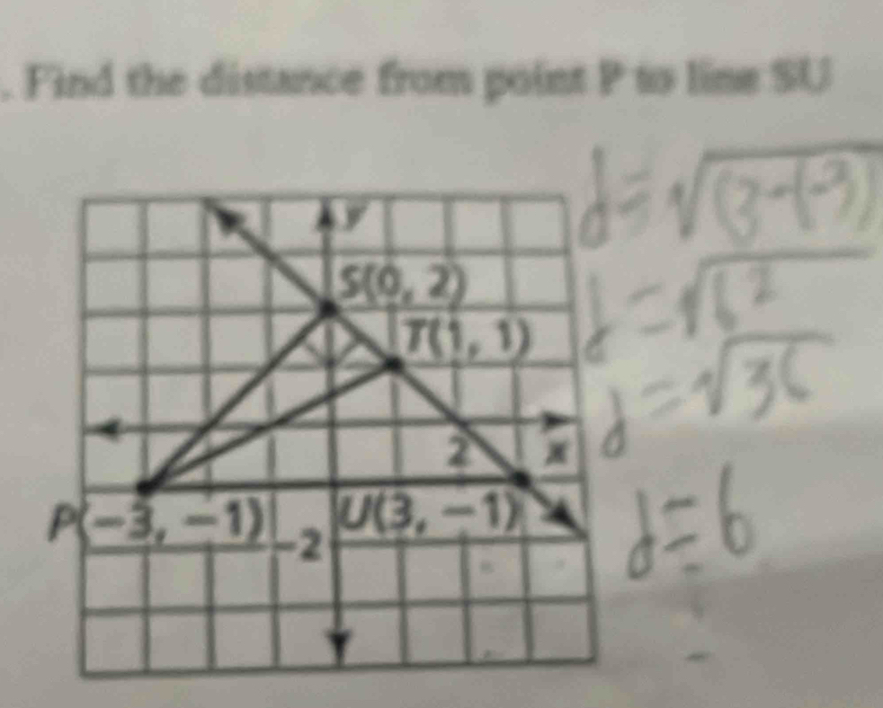 Find the distance from point P to line SU