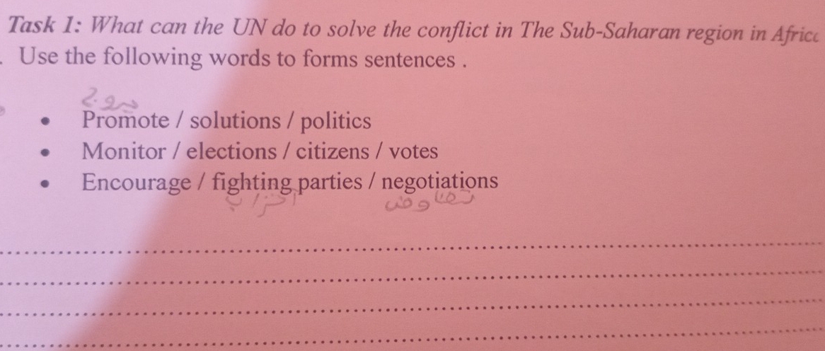 Task 1: What can the UN do to solve the conflict in The Sub-Saharan region in Afric 
Use the following words to forms sentences . 
Promote / solutions / politics 
Monitor / elections / citizens / votes 
Encourage / fighting parties / negotiations 
_ 
_ 
_ 
_