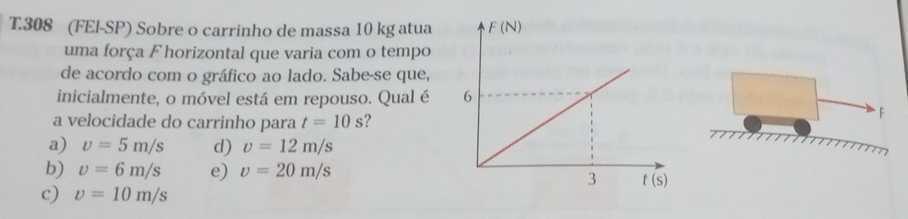 308 (FEI-SP) Sobre o carrinho de massa 10 kg atua
uma força F horizontal que varia com o tempo
de acordo com o gráfico ao lado. Sabe-se que,
inicialmente, o móvel está em repouso. Qual é 
a velocidade do carrinho para t=10s ?
F
a) v=5m/s d) upsilon =12m/s
b) v=6m/s e) v=20m/s
c) nu =10m/s