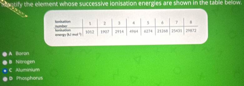 sontify the element whose successive ionisation energies are shown in the table below.
A Boron
B Nitrogen
C Aluminium
D Phosphorus