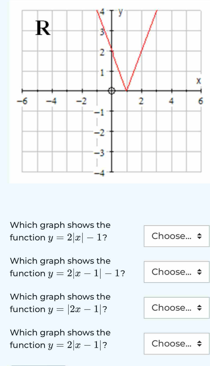 Which graph shows the 
function y=2|x|-1 ? Choose... 
Which graph shows the 
function y=2|x-1|-1 ? Choose... 
Which graph shows the 
function y=|2x-1| ? Choose... 
Which graph shows the 
function y=2|x-1| ? Choose...