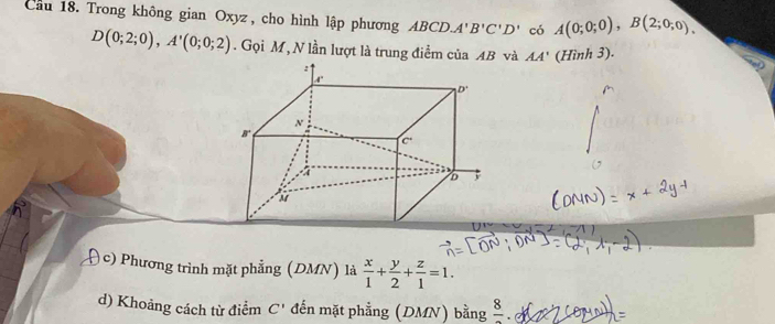 Cầu 18. Trong không gian Oxyz, cho hình lập phương ABCD.A'B'C'D' có A(0;0;0),B(2;0;0),
D(0;2;0),A'(0;0;2). Gọi M, N lần lượt là trung điểm của AB và AA' (Hình 3).
c) Phương trình mặt phẳng (DMN) là  x/1 + y/2 + z/1 =1.
d) Khoảng cách từ điểm C' đến mặt phẳng (DMN) bằng frac 8.