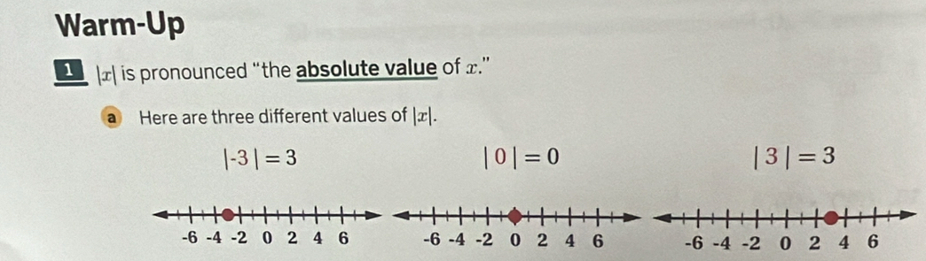 Warm-Up
x| is pronounced “the absolute value of x ”
a Here are three different values of |x|.
|-3|=3
|0|=0
|3|=3