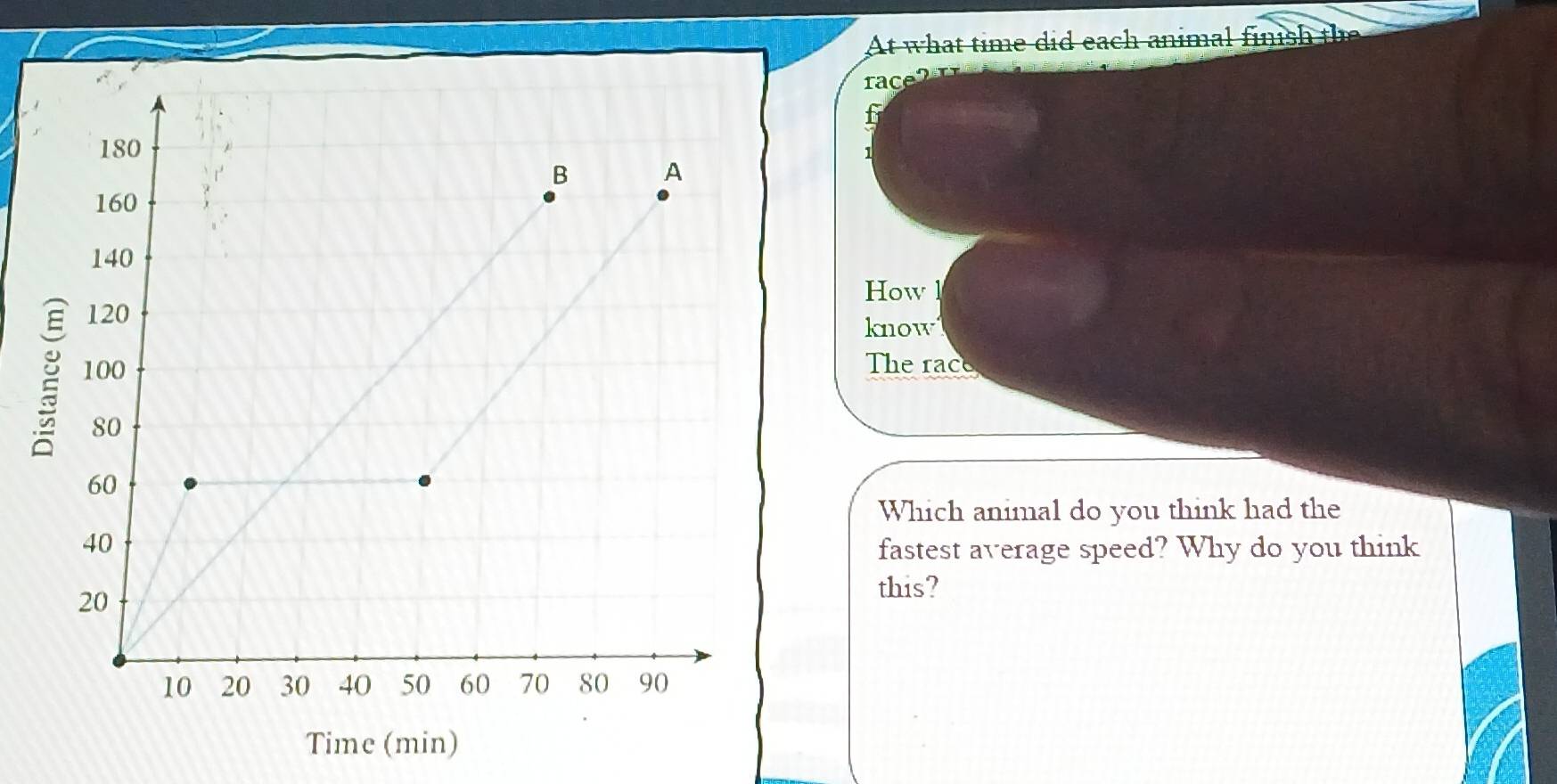 At what time did each animal fin 
race2 
f 
1 
How l 
know 
Therace 
Which animal do you think had the 
fastest average speed? Why do you think 
this?