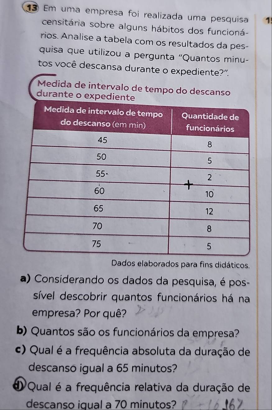 Em uma empresa foi realizada uma pesquisa 1 
censitária sobre alguns hábitos dos funcioná- 
rios. Analise a tabela com os resultados da pes- 
quisa que utilizou a pergunta “Quantos minu- 
tos você descansa durante o expediente?”. 
Medida de intervalo de tempo do descanso 
durante o expe 
Dados elaborados para fins didáticos. 
a) Considerando os dados da pesquisa, é pos- 
sível descobrir quantos funcionários há na 
empresa? Por quê? 
b) Quantos são os funcionários da empresa? 
c) Qual é a frequência absoluta da duração de 
descanso igual a 65 minutos? 
d Qual é a frequência relativa da duração de 
descanso igual a 70 minutos?