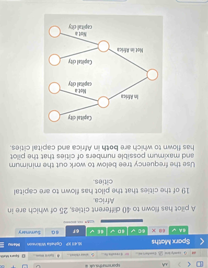 AA sparxmaths.uk @ o 
comfy bra Comfort mi... 6 results fo... siver rhinst... a Spirit Wom... Sparx Math 
Sparx Maths 16,411 XP Ophelia Wilkinson Menu 
6A 6B* 6C 6D 6E 6F 6G Summary 
not allowed 
A pilot has flown to 40 different cities, 25 of which are in 
Africa.
19 of the cities that the pilot has flown to are capital 
cities. 
Use the frequency tree below to work out the minimum 
and maximum possible numbers of cities that the pilot 
has flown to which are both in Africa and capital cities.