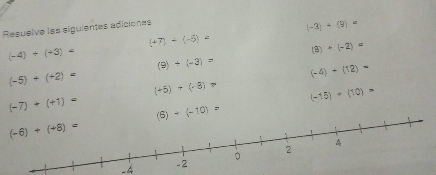 Resuelve las siguientes adiciones
(-3)+(9)=
(+7)+(-5)=
(-4)/ (+3)=
(8)+(-2)=
(9)/ (-3)=
(-5)+(+2)=
(-4)+(12)=
(+5)+(-8)=
(-7)+(+1)=
(-15)+(10)=
-4