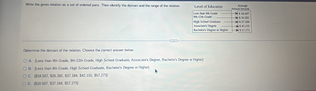 Write the given relation as a set of ordered pairs. Then identify the domain and the range of the relation Level of Education Average
Determine the domain of the relation. Choose the correct answer below
A. Less than 9th Grade, 9th - 12th Grade, High School Graduate, Associate's Degree, Bachelor's Degree or Higher
B. (Less than 9th Grade, High School Graduate, Bachelor's Degree or Higher)
C. ($18.507, $26.392, $37.184, $42.155, $57.273)
D. ($18.507, $37.184, $57.273)