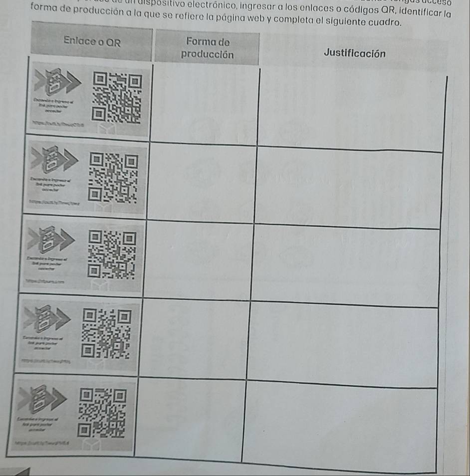 succeso 
ul dispositivo electrónico, ingresar a los enlaces o códigos QR, identificar la 
forma de producción a la que se refiere la página web y completa el siguiente cuadro. 
Li 

Hérp