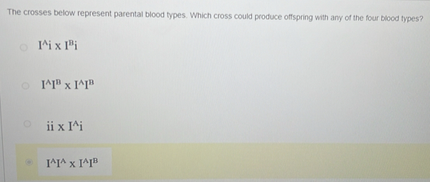 The crosses below represent parental blood types. Which cross could produce offspring with any of the four blood types?
I^(wedge)i* I^Bi
I^(wedge)I^B* I^(wedge)I^B
ii xI^Ai
I^AI^A* I^AI^B