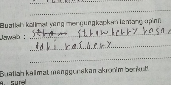 Buatlah kalimat yang mengungkapkan tentang opini! 
Jawab : 
_ 
_ 
_ 
Buatlah kalimat menggunakan akronim berikut! 
a. surel