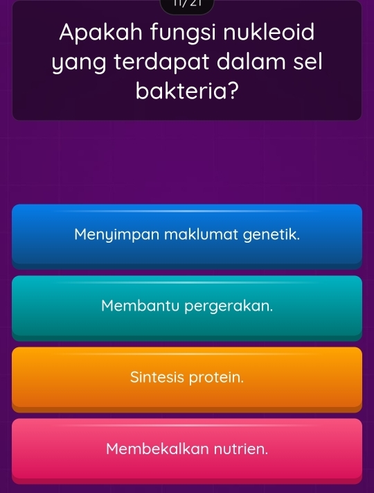 Apakah fungsi nukleoid
yang terdapat dalam sel
bakteria?
Menyimpan maklumat genetik.
Membantu pergerakan.
Sintesis protein.
Membekalkan nutrien.