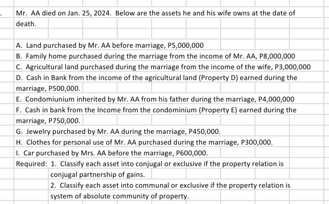 Mr. AA died on Jan. 25, 2024. Below are the assets he and his wife owns at the date of
death.
A. Land purchased by Mr. AA before marriage, P5,000,000
B. Family home purchased during the marriage from the income of Mr. AA, P8,000,000
C. Agricultural land purchased during the marriage from the income of the wife, P3,000,000
D. Cash in Bank from the income of the agricultural land (Property D) earned during the
marriage, P500,000.
E. Condomiunium inherited by Mr. AA from his father during the marriage, P4,000,000
F. Cash in bank from the Income from the condominium (Property E) earned during the
marriage, P750,000.
G. Jewelry purchased by Mr. AA during the marriage, P450,000.
H. Clothes for personal use of Mr. AA purchased during the marriage, P300,000.
I. Car purchased by Mrs. AA before the marriage, P600,000.
Required: 1. Classify each asset into conjugal or exclusive if the property relation is
conjugal partnership of gains.
2. Classify each asset into communal or exclusive if the property relation is
system of absolute community of property.