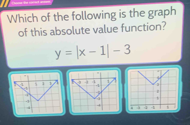 Choose the correct answer. 
Which of the following is the graph 
of this absolute value function?
y=|x-1|-3