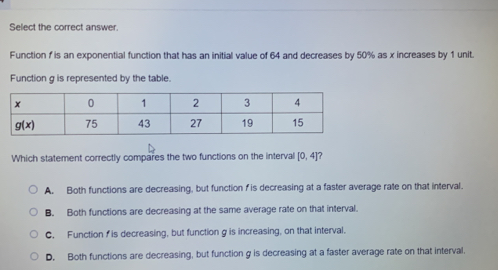 Select the correct answer.
Function f is an exponential function that has an initial value of 64 and decreases by 50% as x increases by 1 unit.
Function g is represented by the table.
Which statement correctly compares the two functions on the interval [0,4] ?
A. Both functions are decreasing, but function f is decreasing at a faster average rate on that interval.
B. Both functions are decreasing at the same average rate on that interval.
C. Function f is decreasing, but function g is increasing, on that interval.
D. Both functions are decreasing, but function g is decreasing at a faster average rate on that interval.