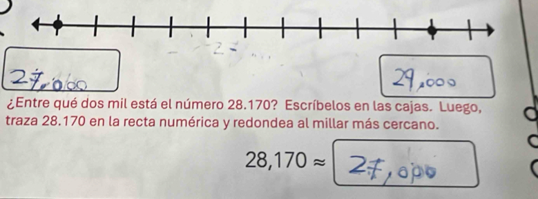 ¿Entre qué dos mil está el número 28.170? Escríbelos en las cajas. Luego, 
traza 28.170 en la recta numérica y redondea al millar más cercano.
28,170approx