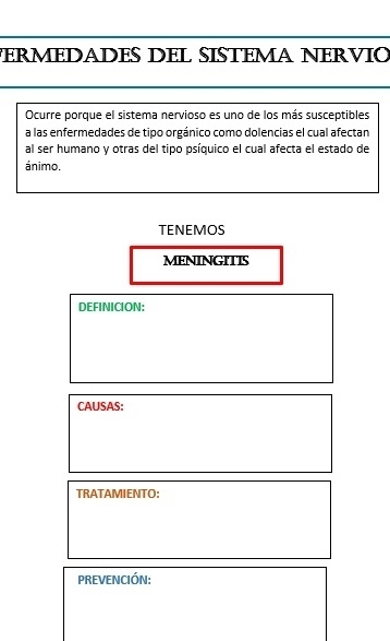 FermeDADES DEL ŠISTEMA NErVIO 
Ocurre porque el sistema nervioso es uno de los más susceptibles 
a las enfermedades de tipo orgánico como dolencias el cual afectan 
al ser humano y otras del tipo psíquico el cual afecta el estado de 
ánimo. 
TENEMOS 
MENINGITIS 
DEFINICION: 
CAUSAS: 
TRATAMIENTO: 
PREVENCIÓN: