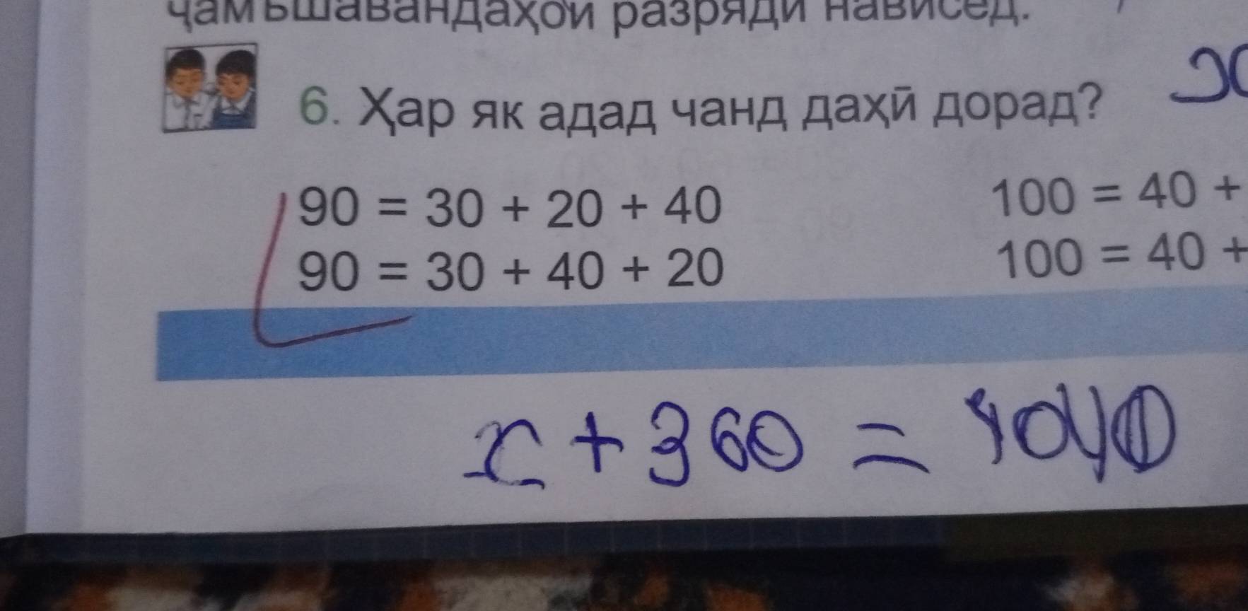 ζамвщавандаχοи разряди πависед.
6. Χар яκ адад чанд дахй дорад?
90=30+20+40
100=40+
90=30+40+20
100=40+