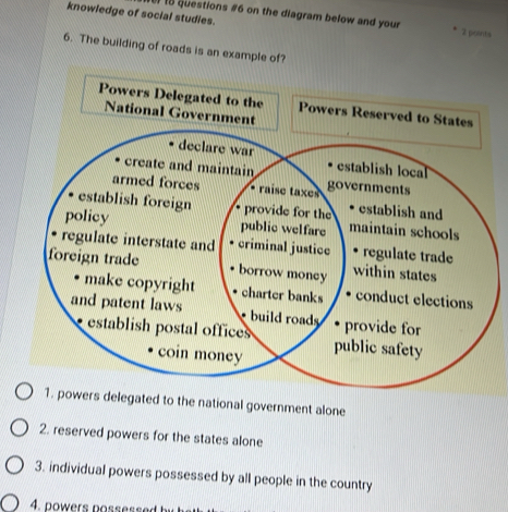 on the diagram below and your 
knowledge of social studies. 2 points
6. The building of roads is an example of?
Powers Delegated to the Powers Reserved to 
National Governme
ed to the national government alone
2. reserved powers for the states alone
3. individual powers possessed by all people in the country
4. powers possessed