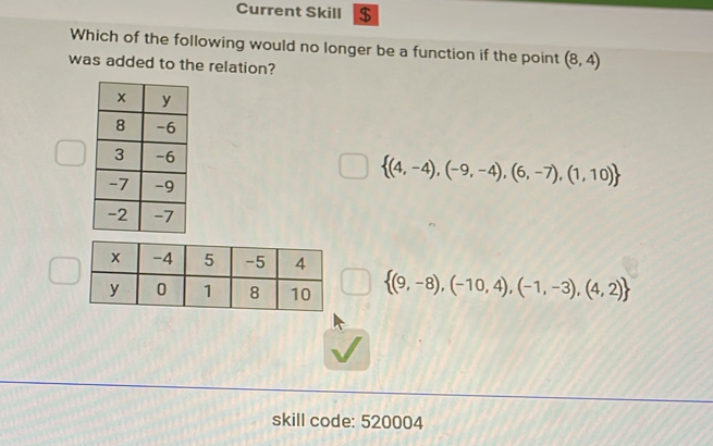 Current Skill $
Which of the following would no longer be a function if the point (8,4)
was added to the relation?
 (4,-4),(-9,-4),(6,-7),(1,10)
 (9,-8),(-10,4),(-1,-3),(4,2)
skill code: 520004