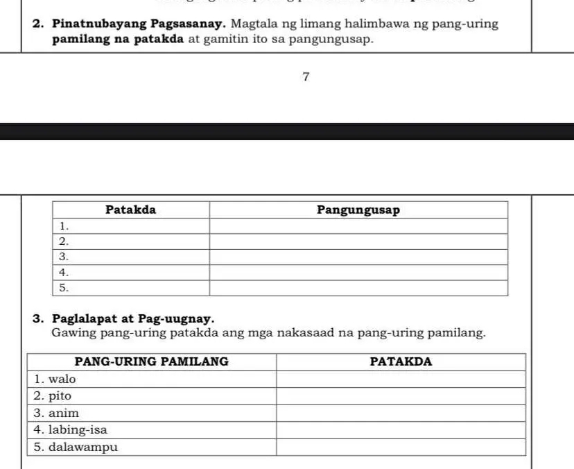Solved: Pinatnubayang Pagsasanay. Magtala ng limang halimbawa ng pang ...