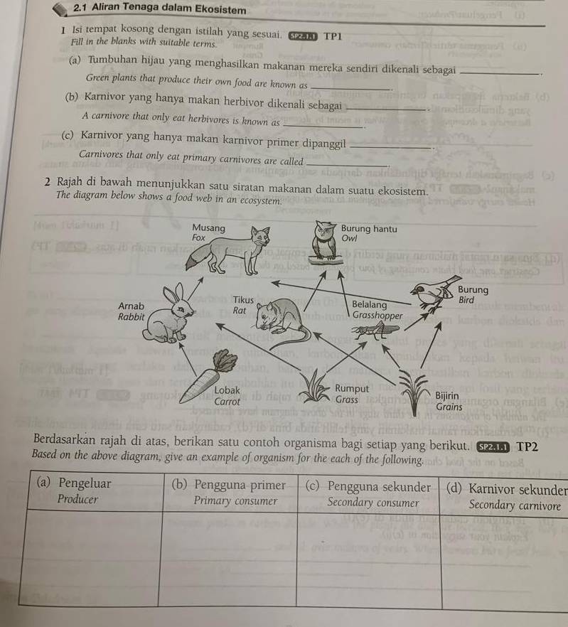 2.1 Aliran Tenaga dalam Ekosistem 
1 Isi tempat kosong dengan istilah yang sesuai. 88 TP1 
Fill in the blanks with suitable terms. 
(a) Tumbuhan hijau yang menghasilkan makanan mereka sendiri dikenali sebagai _. 
Green plants that produce their own food are known as_ 
(b) Karnivor yang hanya makan herbivor dikenali sebagai _. 
A carnivore that only eat herbivores is known as_ 
(c) Karnivor yang hanya makan karnivor primer dipanggil_ 
Carnivores that only eat primary carnivores are called_ 
2 Rajah di bawah menunjukkan satu siratan makanan dalam suatu ekosistem. 
The diagram below shows a food web in an ecosystem. 
Berdasarkan rajah di atas, berikan satu contoh organisma bagi setiap yang berikut. S 21 TP2 
Based on the above diagram, give an example of organism for the each of the following. 
er 
e