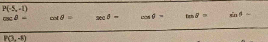 P(-5,-1)
csc θ = cot θ = sec θ = cos θ = tan θ = sin θ =
P(3,-8)