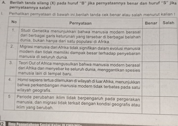 Berilah tanda silang (X) pada huruf “ B ” jika pernyataannya benar dan huruf “ S ” jika 
pernyataannya salah! 
l. ! 
h 
2 fim u P en getahuan Sosia l K ela I X S M