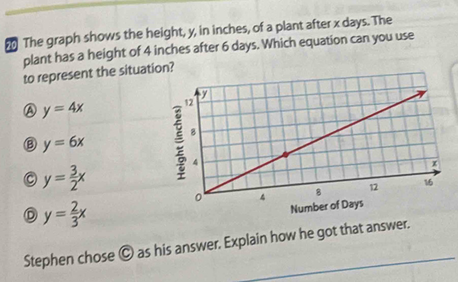 The graph shows the height, y, in inches, of a plant after x days. The
plant has a height of 4 inches after 6 days. Which equation can you use
to represent the situation?
A y=4x
⑧ y=6x
y= 3/2 x
D y= 2/3 x
Stephen chose Ⓒ as his answer. Explain how he got that answer.