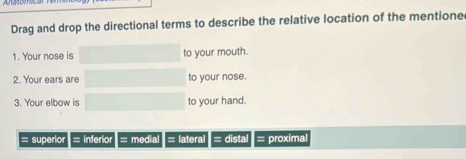 Drag and drop the directional terms to describe the relative location of the mentione
1. Your nose is to your mouth.
2. Your ears are to your nose.
3. Your elbow is to your hand.
superior inferior medial lateral distal proximal