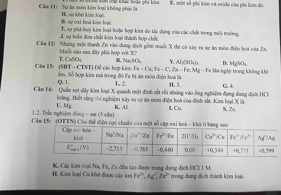 ộ t số oxie kim loại khác hoạc phi kim. E một số phi kim và oxide của phi kim đó.
Câu 11: Sự ăn mòn kim loại không phải là
H. sự khử kim loại.
B. sự oxi hoá kim loại.
T. sự phá huỷ kim loại hoặc hợp kim do tác dụng của các chất trong môi trường.
J. sự biến đơn chất kim loại thành hợp chất.
Câu 12: Nhúng một thanh Zn vào dung dịch gồm muối X thì có xảy ra sự ăn mòn điện hoá của Zn.
Mối nào sau đây phù hợp với X?
T. CuSO4. R. Na_2SO_4. Y. Al_2(SO_4)_3. D. MgSO_4
Câu 13: (SBT - CTST) Để các hợp kim: Fe - -Cu;Fe-C;Zn-Fe Fe; Mg - Fe lâu ngày trong không khí
ẩm. Số hợp kim mà trong đó Fe bị ăn mòn điện hoá là
Q. 1. L. 2. H. 3. G. 4.
Câu 14: Quấn sợi dây kim loại X quanh một đinh sắt rồi nhúng vào ống nghiệm đựng dung dịch HC
loãng. Biết rằng thí nghiệm xảy ra sự ăn mòn điện hoá của đinh sắt. Kim loại X là
U. Mg. K. Al. I. Cu. S. Zn.
1.2. Trắc nghiệm đúng - sai (5 câu)
Câu 15: (OTTN) Cho thế điện cực chuẩn của một số cặp oxi hoá - khử ở bản
K. Các kim loại Na, Fe, Zn đều tan được trong dung dịch HCl 1 M.
H. Kim loại Cu khử được các ion Fe^(3+),Ag^+,Zn^(2+) trong dung dịch thành kim loại.