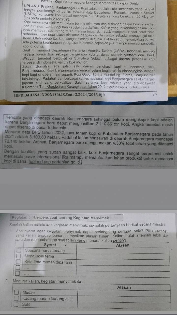 Potensi Kopi Banjarnegara Sebagai Komoditas Ekspor Dunia
UPLAND Project, Banjarnegara- Kopi adalah salah satu komoditas yang sangat
banyak peminatnya di dunia, Menurut data Departemen Pertanian Amerika Serikat
(USDA), konsumsi kopi global mencapai 168,26 juta kantong berukuran 60 kilogram
(kg) pada periode 2022/2023.
Kopi umumnya dinikmati dalam bentuk minuman dan disimpan dalam bentuk sache
dan diminum pada pagi hari sebelum beraktifitas. Kafein yang terkandung dalam Kopi
bisa membuat seseorang tetap merasa bugar dan tidak mengantuk saat beraktifitas
seharian. Kopi juga biasa dinikmati dengan camilan untuk sekadar mengganjal rasa
lapar. Oleh sebab itu, kopi sangat diminati di dunia. Hal tersebut menunjukkan bahwa
ada potensi keuntungan yang bisa Indonesia dapatkan jika mampu menjadi penyedia
kopi di dunia.
Saat ini menurut Departemen Pertanian Amerika Serikat (USDA) Indonesia menjadi
negara nomor tiga sebagai pengekspor kopi di dunia setelah Vietnam dan Brazil.
Wilayah tersebut berpusat di Sumatera Selatan sebagai daerah penghasil kopi
terbesar di Indonesia, yaitu 212,4 ribu ton.
Selain Sumatra, ada salah satu daerah penghasil kopi di Indonesia, yaitu
Banjarnegara. Kopi Banjarnegara mungkin belum begitu eksis dibandingkan dengan
kopi-kopi di daerah lain seperti, Kopi Gayo, Toraja Mandailing, Flores, Lampung dan
lain-lainnya. Padahal, dari berbagai kontes nasional, kopi Banjarnegara selalu menjad
jajaran kopi yang berkualitas. Salah satunya, kopi robusta yang dibudidayakan
Kelompok Tani Gondoarum Karangkobar, tahun 2012 juara nasional untuk uji rasa
LKPD.BAHASA INDONESIA.IX.Smtr 2.2024/2025.BJR 19
Kendala yang dihadapi daerah Banjarnegara sehingga belum mengekspor kopi adalah
karena Banjarnegara baru dapat menghasilkan 2.110,86 ton kopi. Angka tersebut masih
dapat diserap di pasar Indonesia.
Menurut data BPS tahun 2022, luas tanam kopi di Kabupaten Banjarnegara pada tahun
2021 adalah 3.103,83 hektar. Padahal Iahan nonsawah di daerah Banjarnegara mencapai
72.140 hektar. Artinya, Banjarnegara baru menggunakan 4,30% total lahan yang ditanami
kopi.
Dengan kualitas yang sudah sangat baik, kopi Banjarnegara sangat berpotensi untuk
memasuki pasar internasional jika mampu memanfaatkan lahan produktif untuk menanam
kopi di sana. [upland.psp.pertanian.go.id.]
Kegiatan 5 : Berpendapat tentang Kegiatan Menyimak
Setelah kalian melakukan kegiatan menyimak, jawablah pertanyaan berikut secara mandiri!
1. Apa syarat agar kegiatan menyimak dapat berlangsung dengan baik? Pilih jawaban
yang kalian anggap benar, sampaikan alasan kalian. Kalian boleh memilih lebih dari
2. Menuru