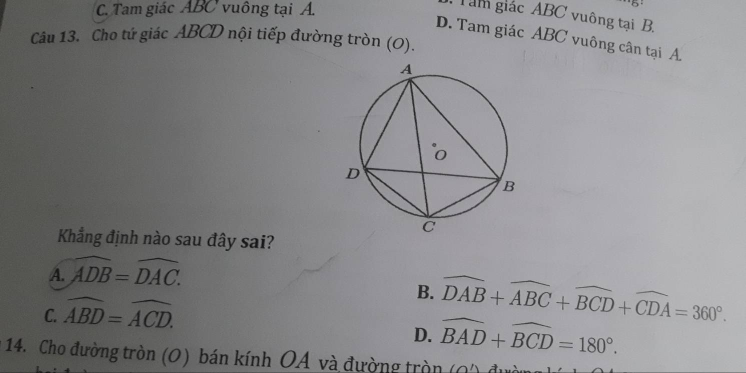 C. Tam giác ABC vuông tại A.
Tam giác ABC vuông tại B.
Câu 13. Cho tứ giác ABCD nội tiếp đường tròn (0). D. Tam giác ABC vuông cân tại A
Kẳng định nào sau đây sai?
A. widehat ADB=widehat DAC.
C. widehat ABD=widehat ACD.
B. widehat DAB+widehat ABC+widehat BCD+widehat CDA=360°.
D. widehat BAD+widehat BCD=180°. 
14. Cho đường tròn (O) bán kính OA và đường tròn