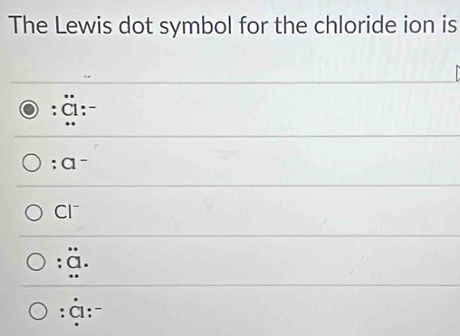 The Lewis dot symbol for the chloride ion is
ậ
: α~
Cl
:ä.
:à:-