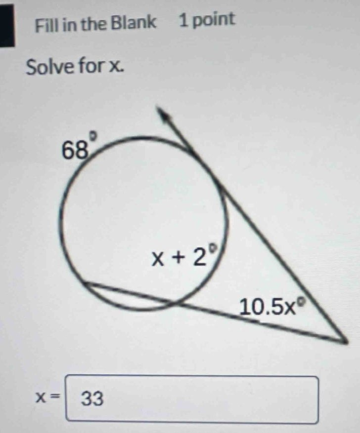 Fill in the Blank 1 point
Solve for x.
x= 33