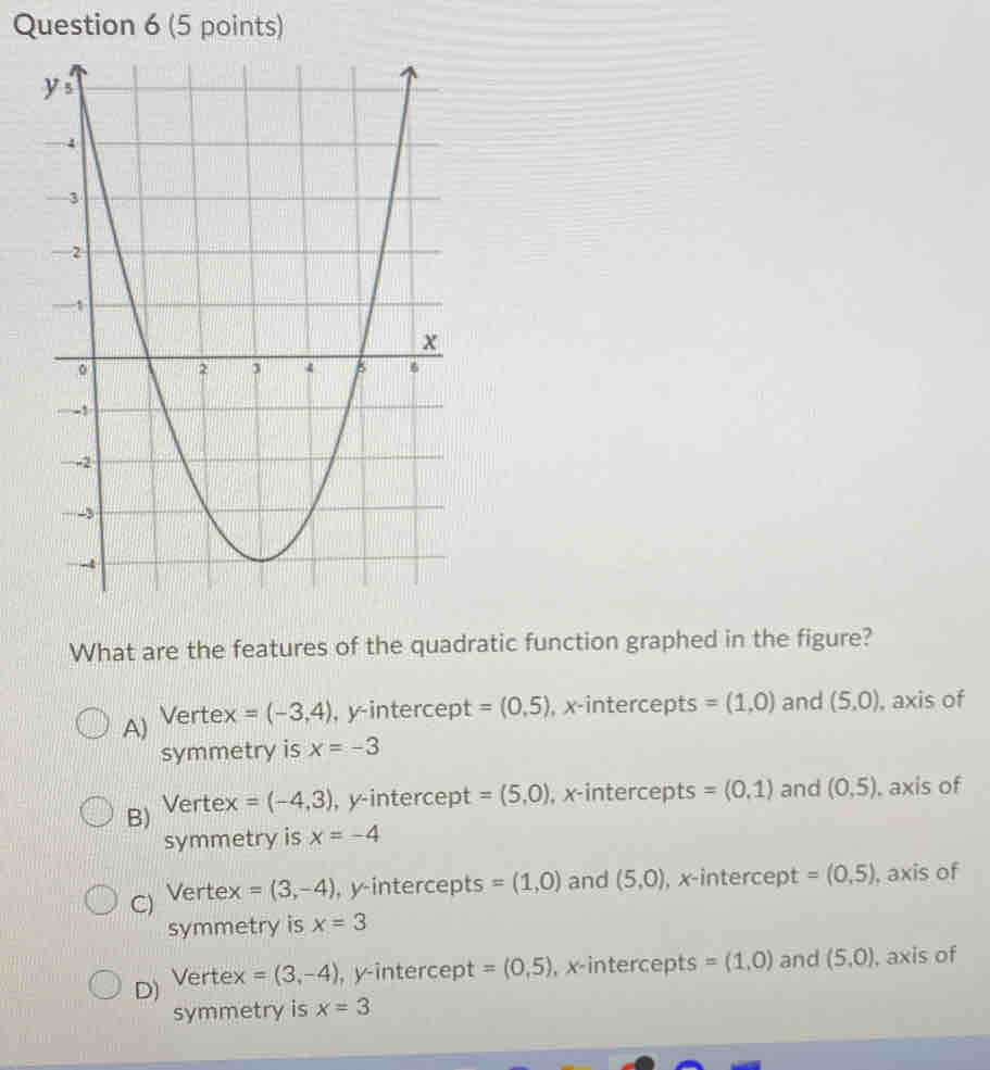 What are the features of the quadratic function graphed in the figure?
A) Vertex =(-3,4) , y-intercept =(0,5) , x-intercepts = (1,0) and (5,0) , axis of
symmetry is x=-3
B) Vertex =(-4,3) , y-intercept = (5,0) , x-intercepts = (0,1) and (0,5). axis of
symmetry is x=-4
C) Vertex =(3,-4) , y-intercepts =(1,0) and (5,0) , x-intercept =(0,5) , axis of
symmetry is x=3
D) Vertex =(3,-4) , y-intercept =(0,5) , x-intercepts =(1,0) and (5,0) , axis of
symmetry is x=3