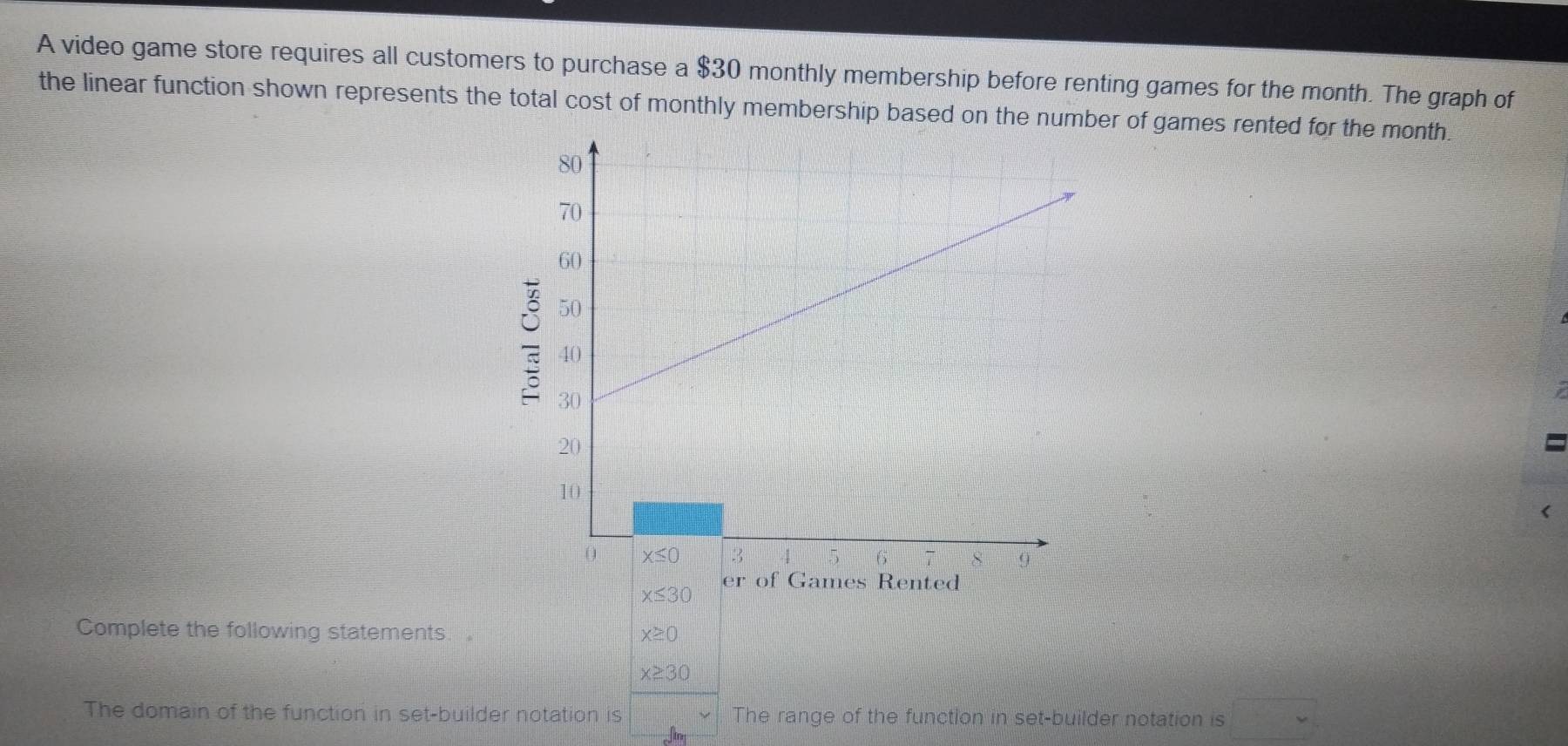 A video game store requires all customers to purchase a $30 monthly membership before renting games for the month. The graph of
the linear function shown represents the total cost of monthly membership based on the number of games rented for the month.
x≤ 30
Complete the following statements. 。 x≥ 0
x≥ 30
The domain of the function in set-builder notation is The range of the function in set-builder notation is