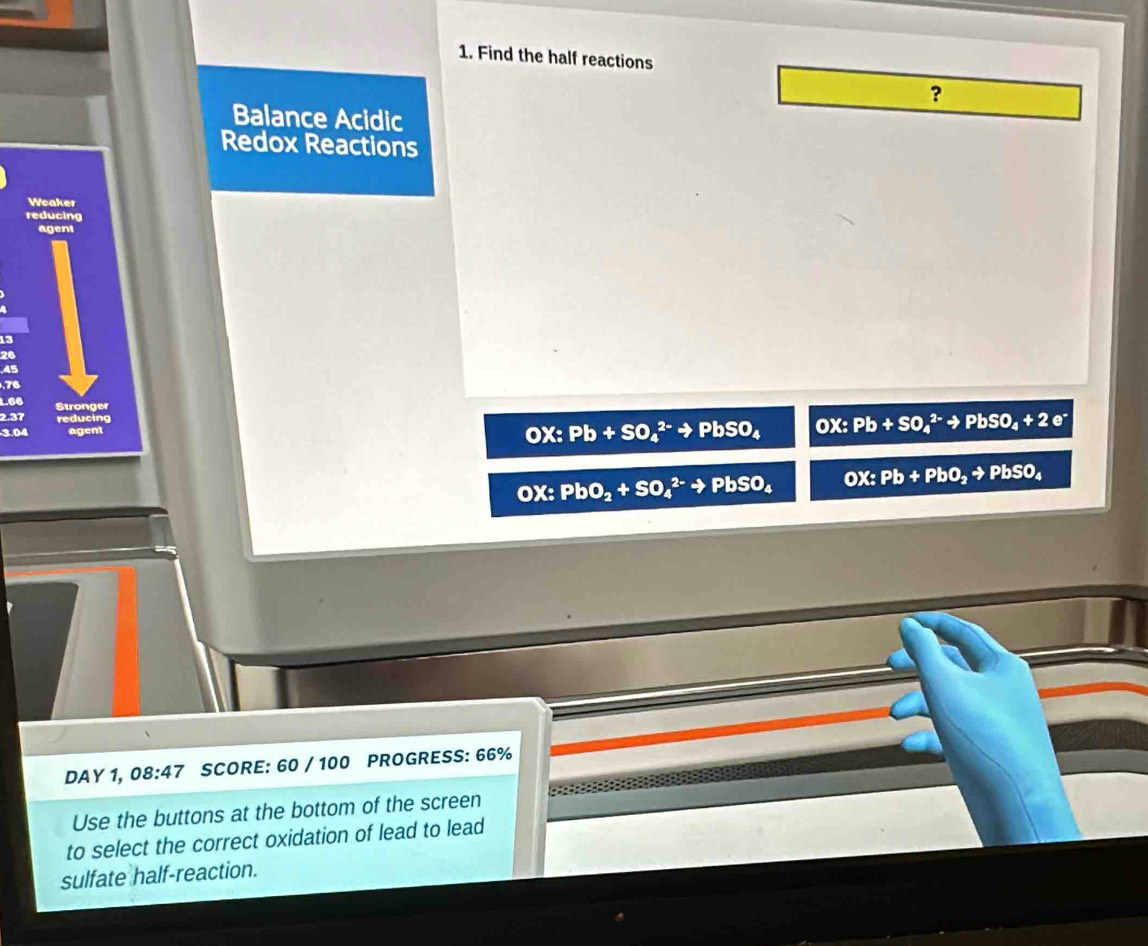 Find the half reactions 
? 
Balance Acidic 
Redox Reactions 
Woaker 
reducing 
agent
13
26
45
76
1. 66 Stronger 
2.37 reducing 
3.04 agent OX : Pb+SO_4^((2-)to PbSO_4)+2e^-
OX:Pb+SO_4^((2-)to PbSO_4)
OX:PbO_2+SO_4^((2-)to PbSO_4) OX:Pb+PbO_2to PbSO_4
DAY 1, 08:47 SCORE: 60 / 100 PROGRESS: 66% 
Use the buttons at the bottom of the screen 
to select the correct oxidation of lead to lead 
sulfate half-reaction.