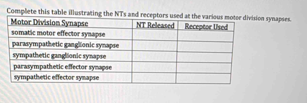 Complete this table illustrating the synapses.