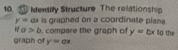 Identify Structure The relationship
ax is graphed on a coordinate plane.
sigma >b compare the graph of y=bx to the 
graph of y=ax