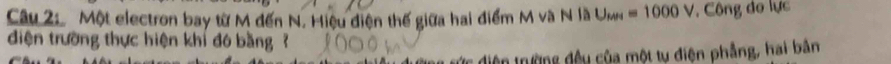 Một electron bay từ M đến N. Hiệu điện thế giữa hai điểm M và N là U_MN=1000V * Công đo lực 
diện trường thực hiện khí đó bằng ? 
tức diện trường đầu của một tự điện phẳng, hai bản