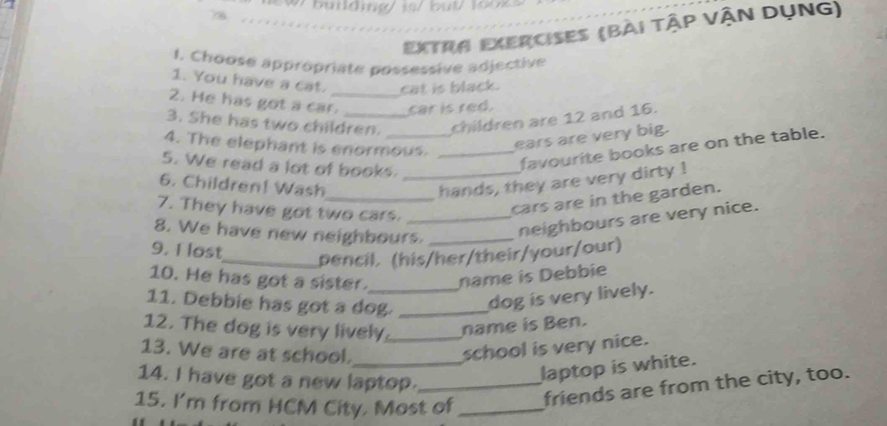 Extra exercises (bài tập vận dụng) 
I. Choose appropriate possessive adjective 
1. You have a cat. cat is black. 
2. He has got a car._ car is red. 
3. She has two children. children are 12 and 16. 
4. The elephant is enormous._ 
ears are very big. 
5. We read a lot of books. 
favourite books are on the table. 
6. Children! Wash _hands, they are very dirty ! 
7. They have got two cars._ 
cars are in the garden. 
8. We have new neighbours._ 
neighbours are very nice. 
9. I lost 
_pencil. (his/her/their/your/our) 
10. He has got a sister._ 
name is Debbie 
11. Debbie has got a dog._ 
dog is very lively. 
12. The dog is very lively_ name is Ben. 
13. We are at school._ 
school is very nice. 
14. I have got a new laptop._ 
laptop is white. 
15. I'm from HCM City, Most of_ 
friends are from the city, too.