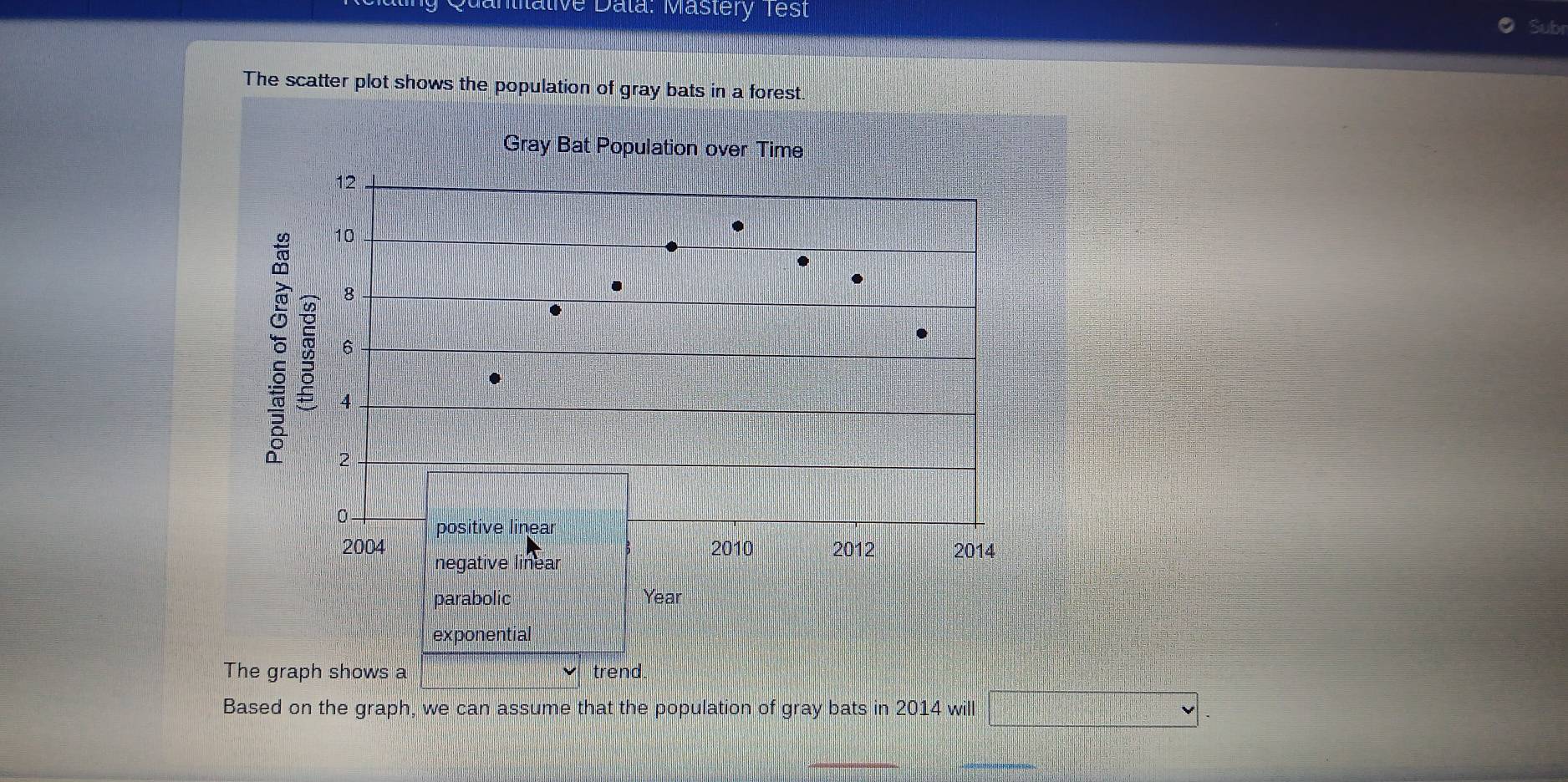 antitative Data: Mastery Test
The scatter plot shows the population of gray bats in a forest.
Gray Bat Population over Time
12
5 10
8
6
4
2
0
2004 positive linear
B 2010 2012 2014
negative linear
parabolic Year
exponential
The graph shows a trend.
Based on the graph, we can assume that the population of gray bats in 2014 will